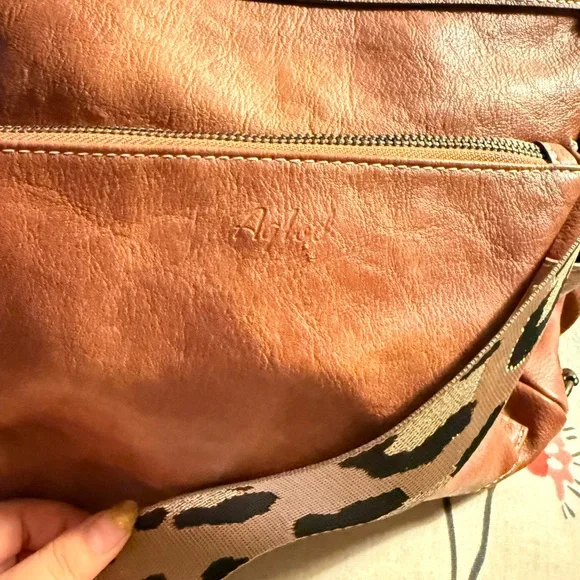 Vintage Tan vegan Leather Backpack with Patterned Strap - Picture 9 of 11